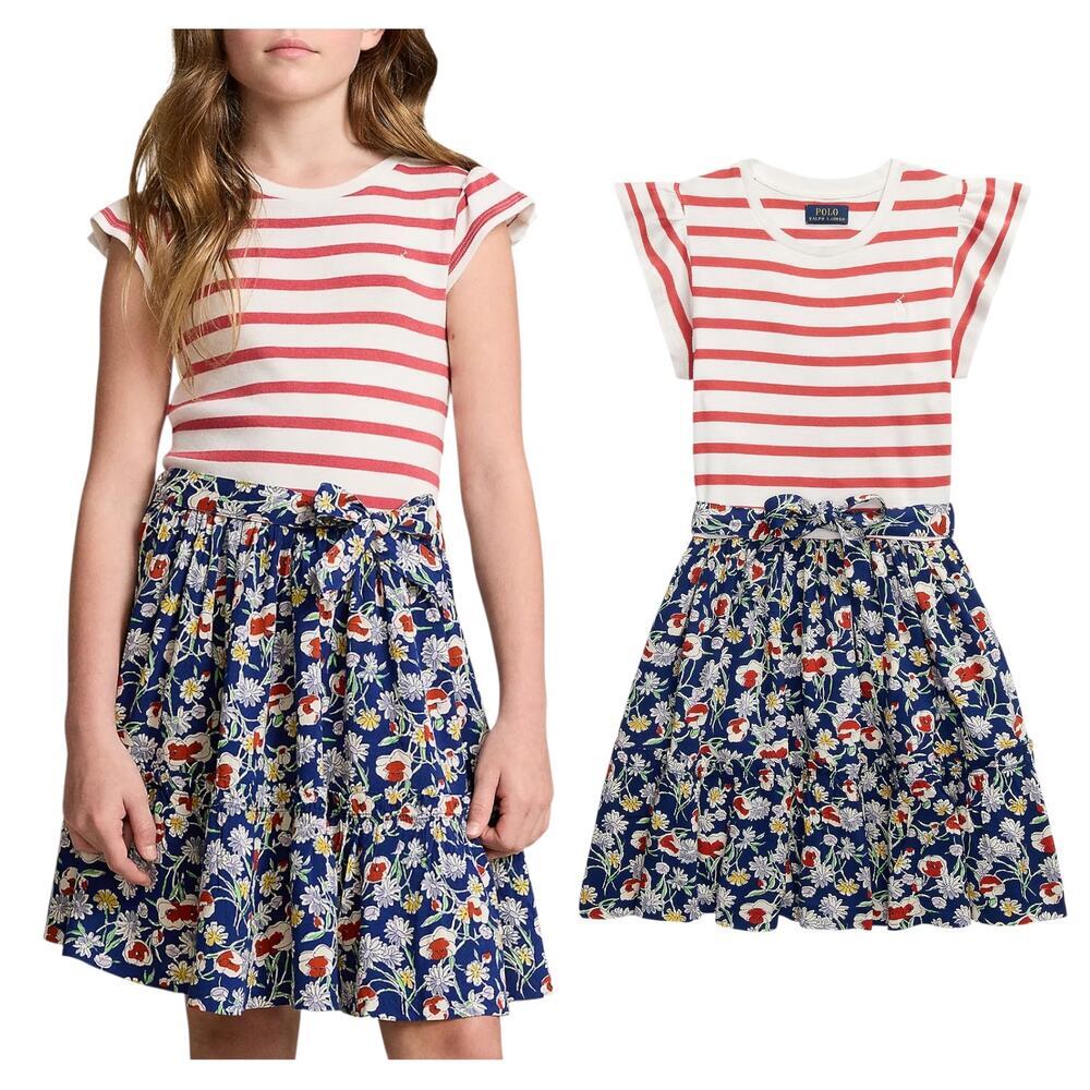 Polo Ralph Lauren Girls Striped Floral Cotton Blend Dress, Multi Size X-Large 16